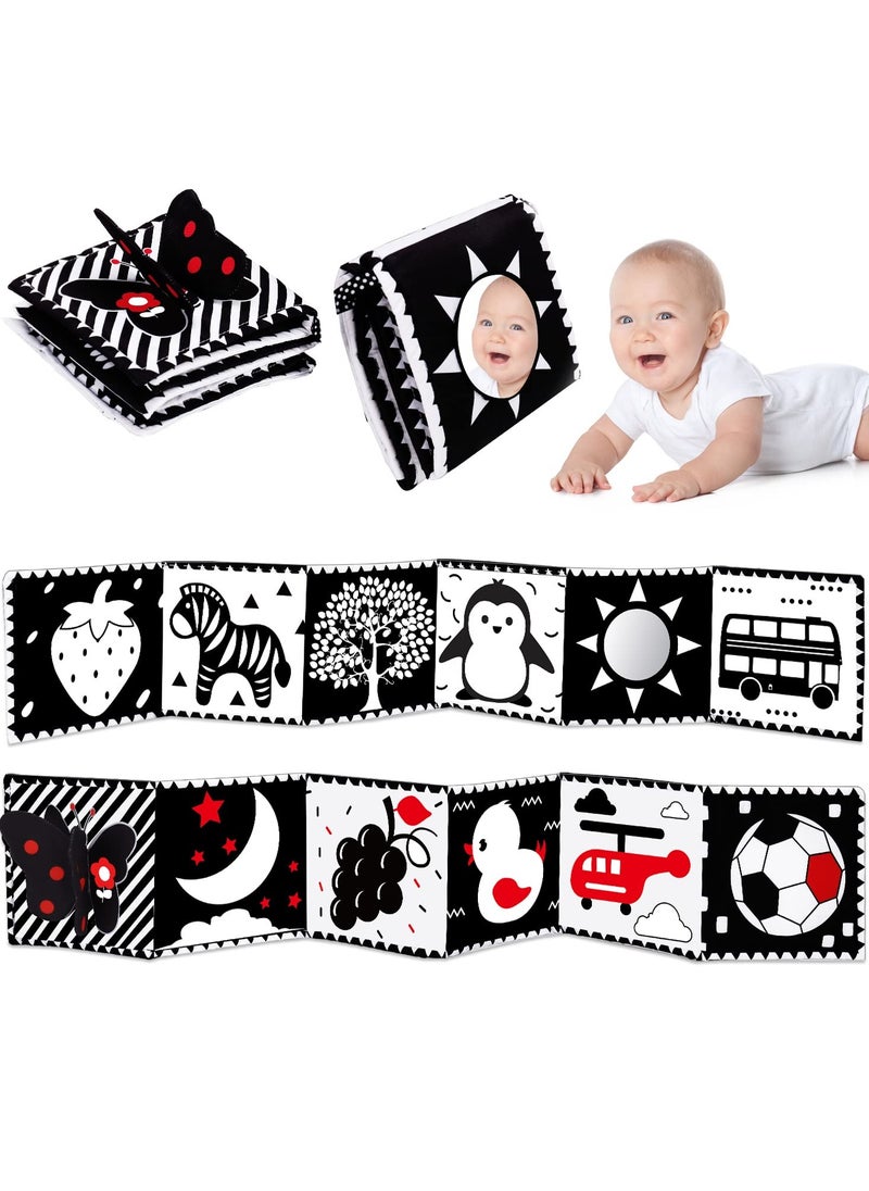 Black and White High Contrast Toys for Baby 0-3 3-6 Months Infant Tummy Time Soft Book Sensory Musical Toy 0-2-4-6 Month Babies Brain Development Montessori Crinkle Book Mirror Newborn Shower Gifts