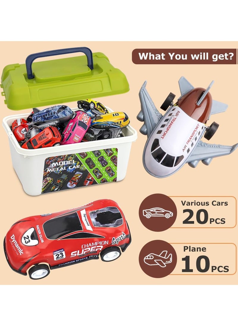 30 Pcs Pull Back Toy Cars Airplanes with Storage Box, Alloy Mini Race Push and Pull Back Cars Planes Vehicles Toys for Kids, Party Favors Toy Cars Suitable for 3+ Years Old Kids