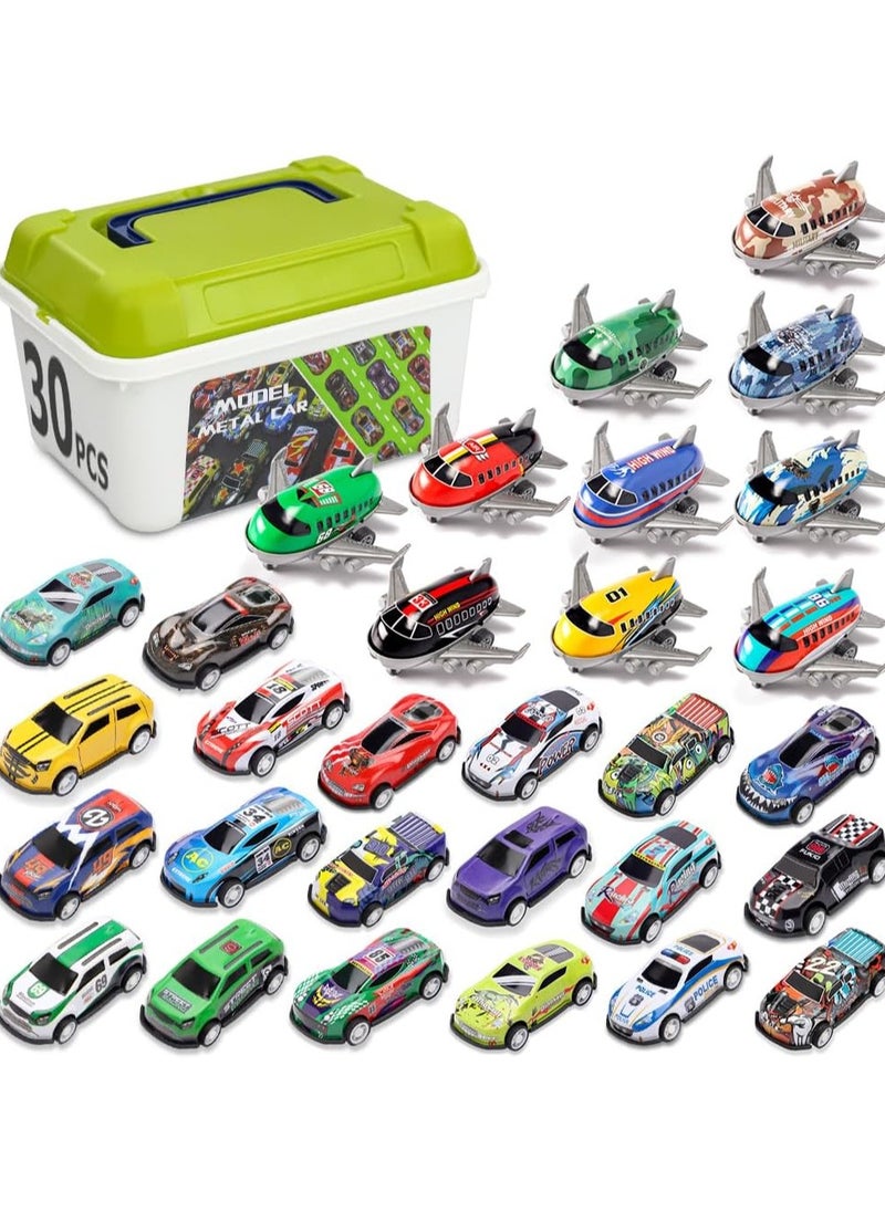 30 Pcs Pull Back Toy Cars Airplanes with Storage Box, Alloy Mini Race Push and Pull Back Cars Planes Vehicles Toys for Kids, Party Favors Toy Cars Suitable for 3+ Years Old Kids