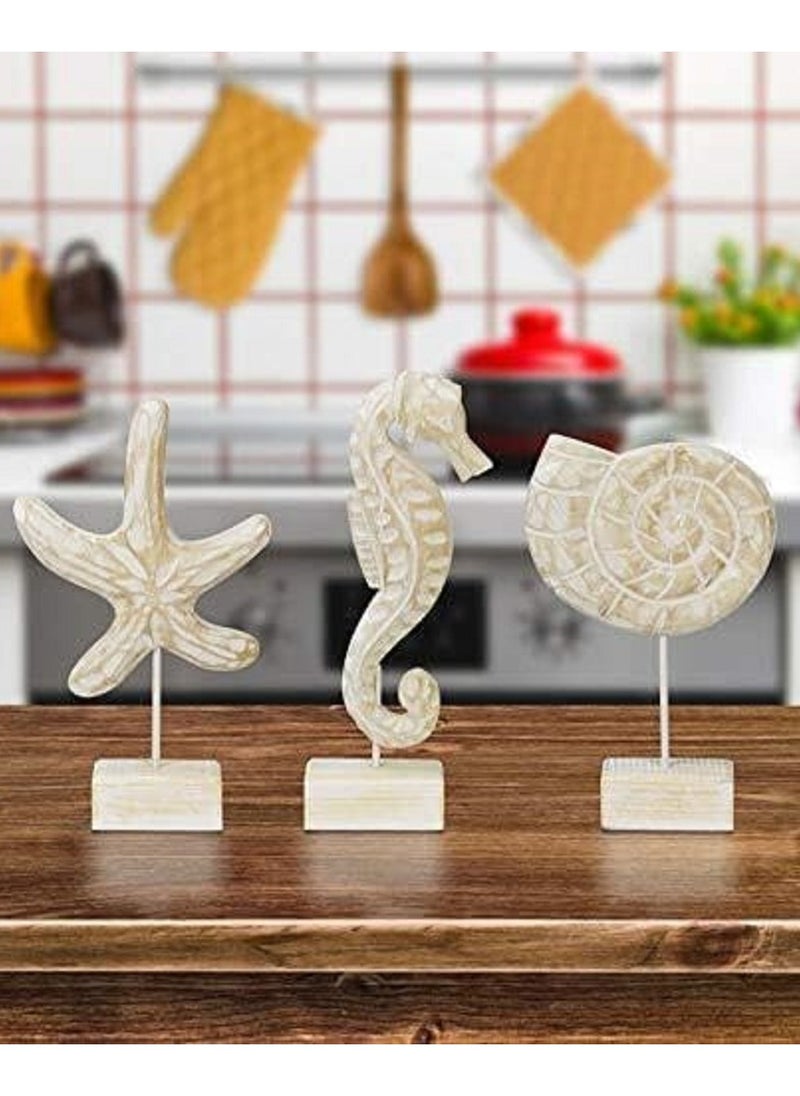 Rustic Coastal Beach Decor Set Wooden Nautical Sculptures Featuring Seashell, Seahorse, and Starfish Designs Ocean-Inspired Decorative Figurines for Living Room, Bedroom, or Bathroom