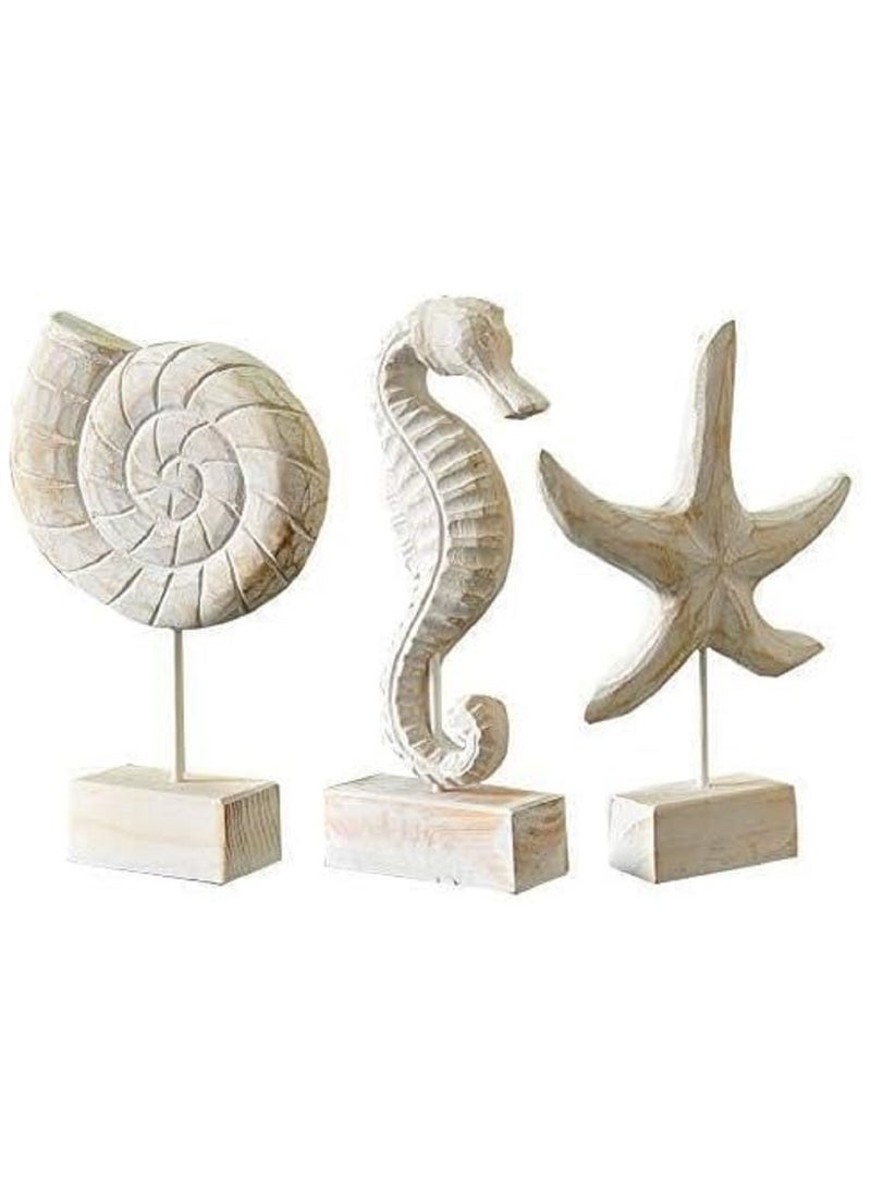 Rustic Coastal Beach Decor Set Wooden Nautical Sculptures Featuring Seashell, Seahorse, and Starfish Designs Ocean-Inspired Decorative Figurines for Living Room, Bedroom, or Bathroom