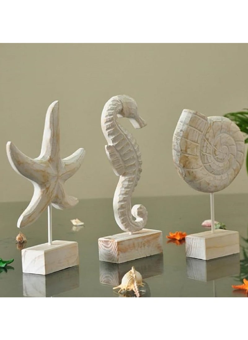 Rustic Coastal Beach Decor Set Wooden Nautical Sculptures Featuring Seashell, Seahorse, and Starfish Designs Ocean-Inspired Decorative Figurines for Living Room, Bedroom, or Bathroom