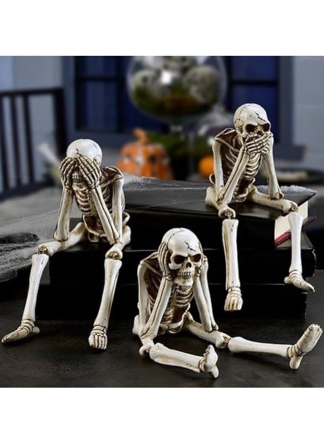 See No Evil, Hear No Evil, Speak No Evil Skeleton Figurines - Halloween Tabletop Decor Set of 3 - Funny Skeleton Statue Ornaments for Home, Office, and Party Decorations