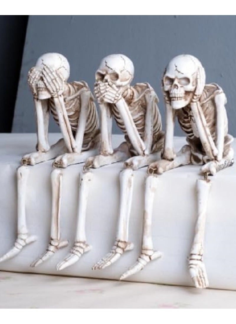 See No Evil, Hear No Evil, Speak No Evil Skeleton Figurines - Halloween Tabletop Decor Set of 3 - Funny Skeleton Statue Ornaments for Home, Office, and Party Decorations