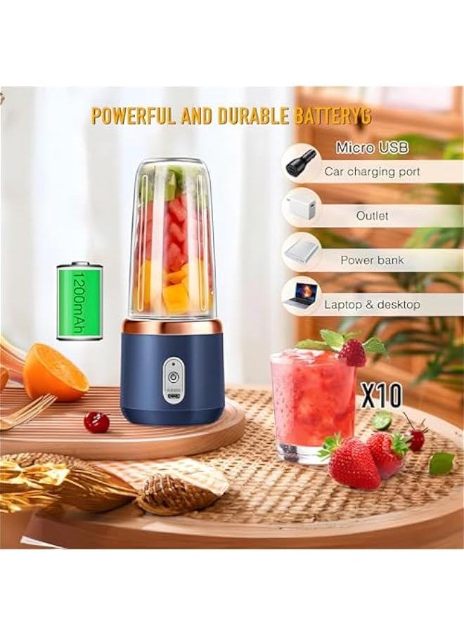 Small Portable Juicer, USB Rechargeable Personal Size Blender, Mini Blender Juicer Cup with Six Blades,Fruit Blender Portable Juicer Cup, 300ml Juicer Mixer for Travel Home