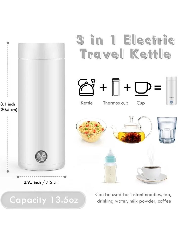 Portable Electric Kettle 400ml Travel Tea with Non stick Coating Double Wall Water Boiler Bottle Insulated Coffee Thermos Mug Fast Boil and Auto Shut Off Hot Heater (White)