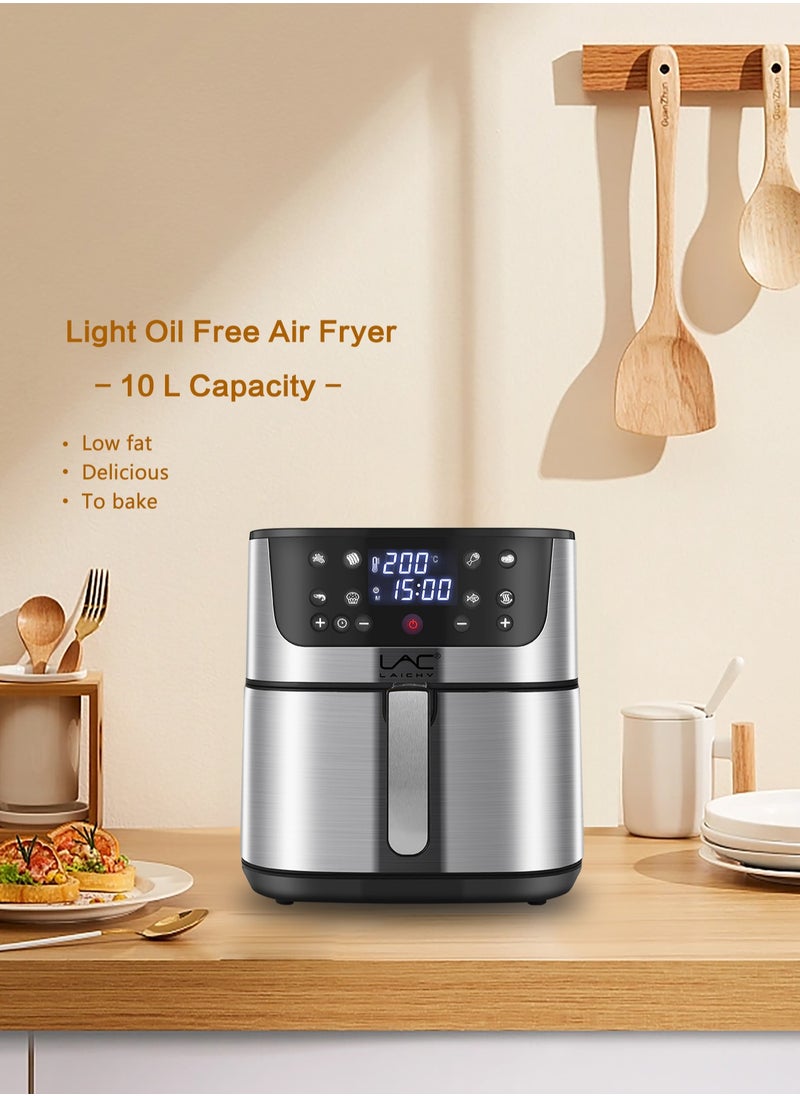 Digital Air Fryer Large Size With One-touch Panel, 360° Turbo Airflow Tech,6 recipes,2 pots, Nonstick Air Fryers Basket,Dishwasher-safe,Automatic power-off memory 10L 1800W L-6707 Light Grey