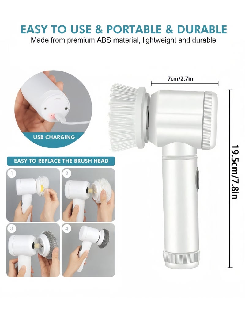 Cordless electric scrubber cleaning brush with 5 replaceable brush heads, 7.8-inch handheld cleaning brush, 100 minutes long use, comes with Type-C fast charger, suitable for bathroom, kitchen, balcony, windows, vehicles Cleaning etc.