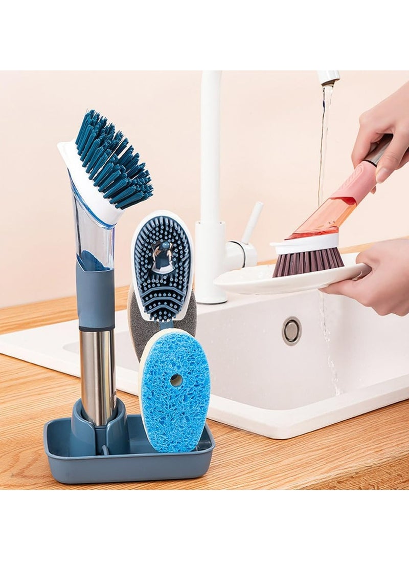 Soap Dispensing Dish Brush Set with 4 Replaceable Brush Heads，Kitchen Scrub Brush for Pan Sink Cleaning