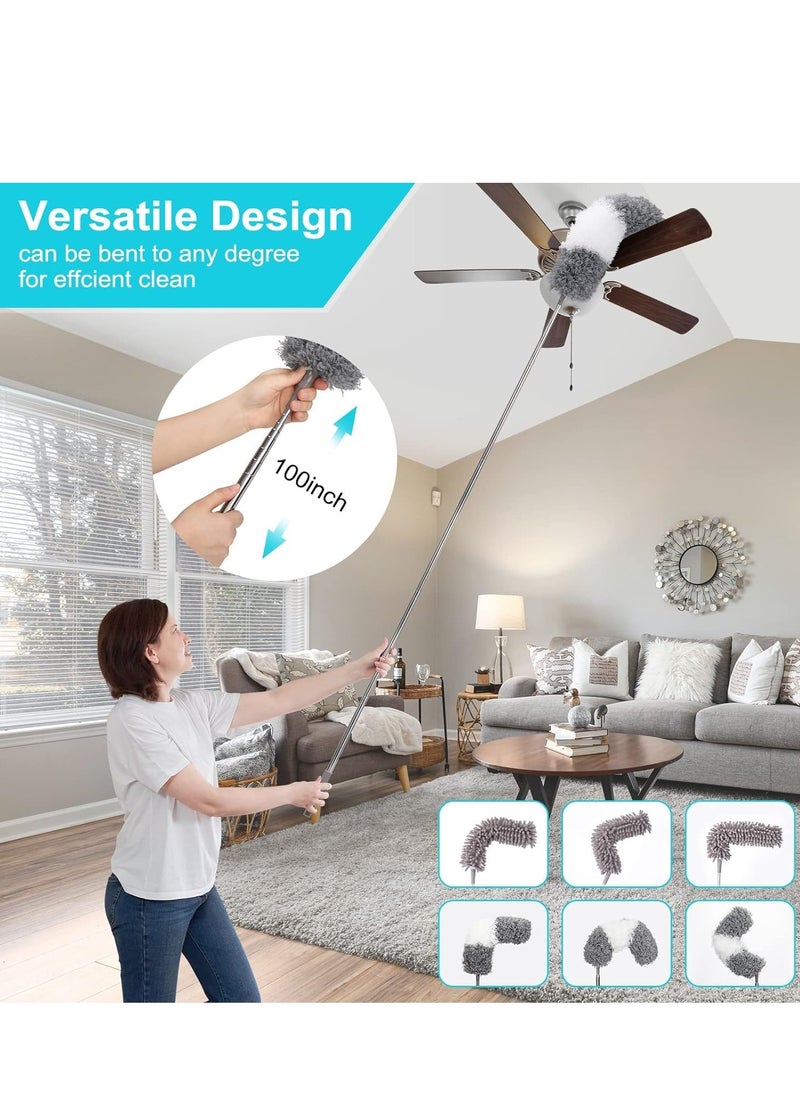 7pcs Microfiber Dusters, Duster with Extension Pole(Stainless Steel) 30 to 100'', Washable Dusters, Bendable Extendable Long Feather Duster for Cleaning Fan, High Ceiling, Blinds, Furniture, Cars