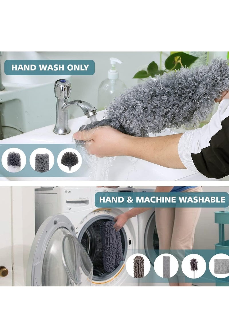 7pcs Microfiber Dusters, Duster with Extension Pole(Stainless Steel) 30 to 100'', Washable Dusters, Bendable Extendable Long Feather Duster for Cleaning Fan, High Ceiling, Blinds, Furniture, Cars