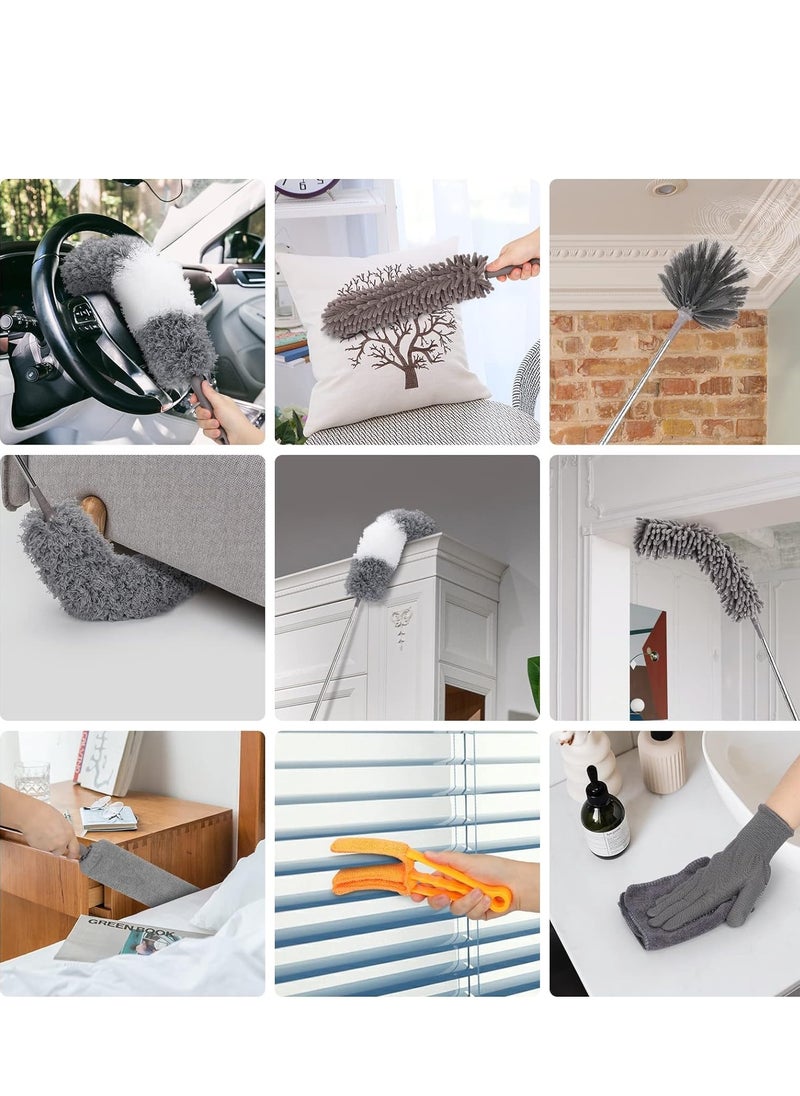 7pcs Microfiber Dusters, Duster with Extension Pole(Stainless Steel) 30 to 100'', Washable Dusters, Bendable Extendable Long Feather Duster for Cleaning Fan, High Ceiling, Blinds, Furniture, Cars