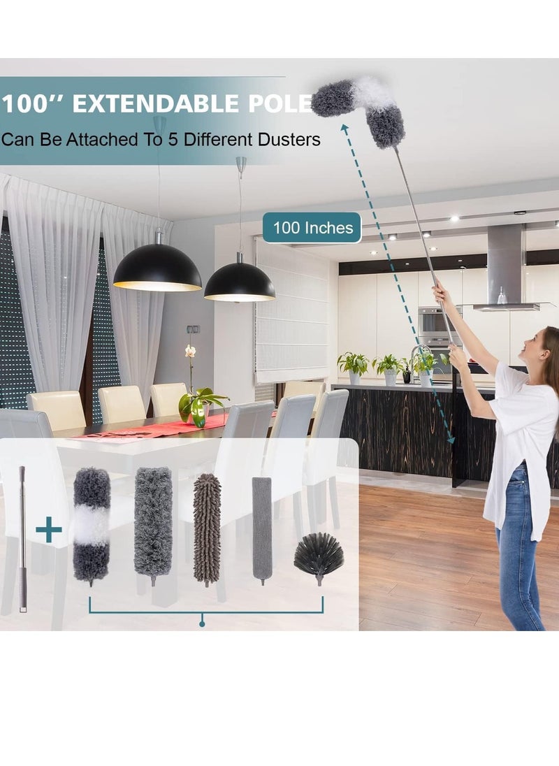 7pcs Microfiber Dusters, Duster with Extension Pole(Stainless Steel) 30 to 100'', Washable Dusters, Bendable Extendable Long Feather Duster for Cleaning Fan, High Ceiling, Blinds, Furniture, Cars