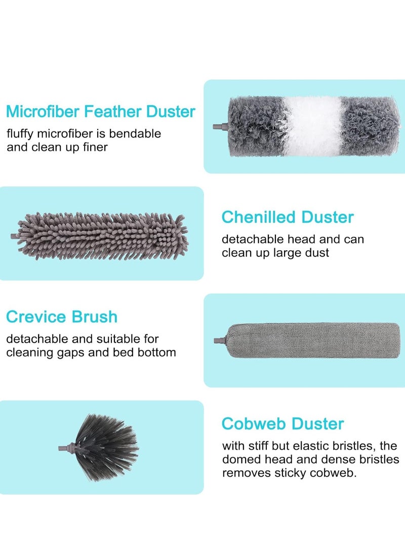 7pcs Microfiber Dusters, Duster with Extension Pole(Stainless Steel) 30 to 100'', Washable Dusters, Bendable Extendable Long Feather Duster for Cleaning Fan, High Ceiling, Blinds, Furniture, Cars