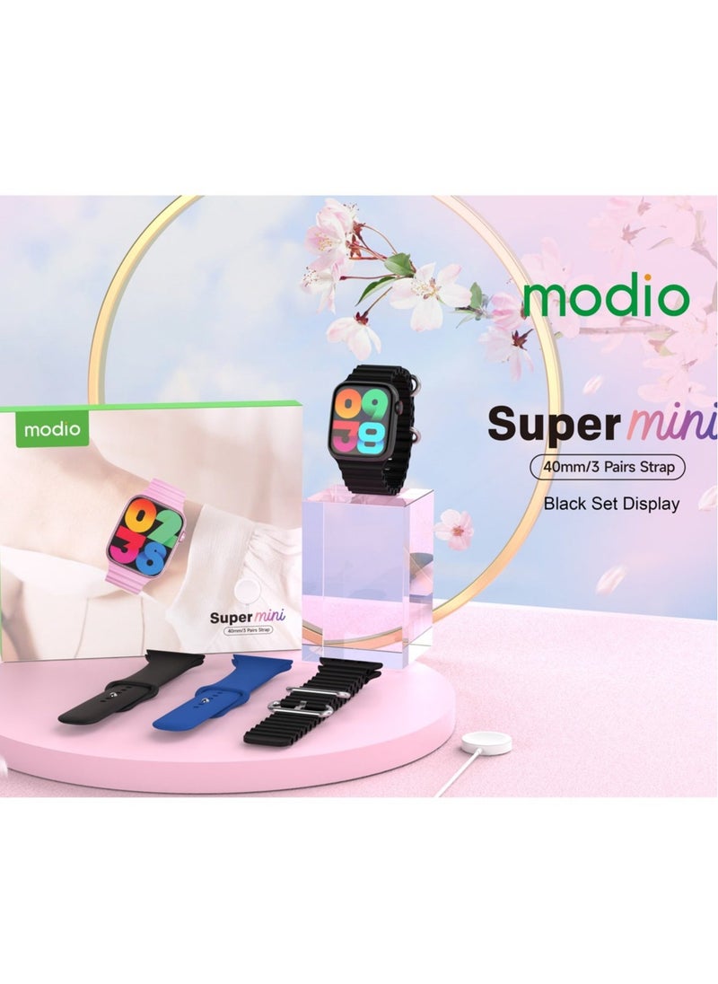 Modio Super Mini Ladies Special Smart Watch with Three Set Strap and Wireless Charger Black