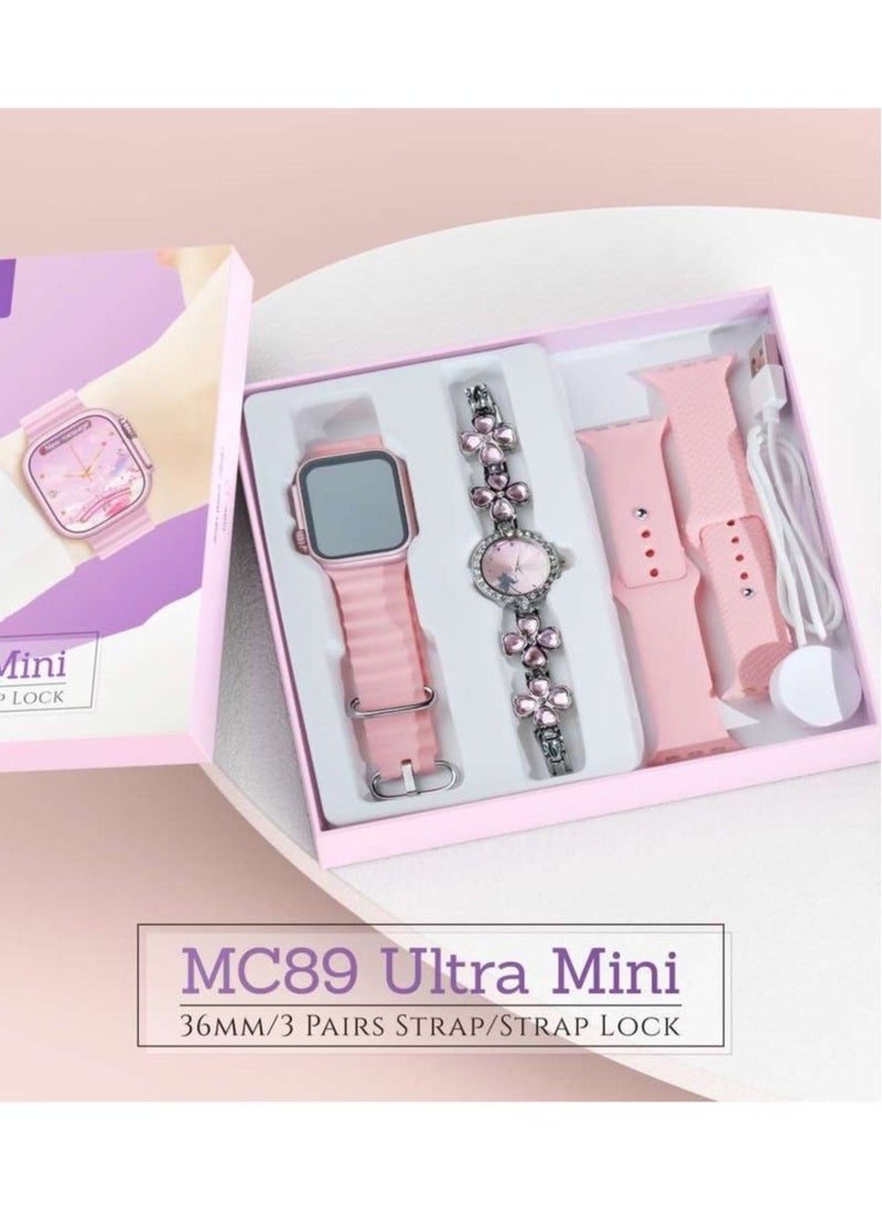 Modio MC 89 Ultra Mini Exclusive Design Two Ladies Watch with Fancy Ornaments Combo Pink