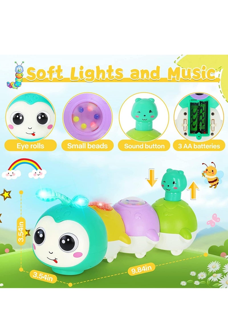 Crawling Caterpillar Tummy Time Toy with Magnetic Suction Music Light up, Sensory Learning Infant Toy for Girl Boy Gifts