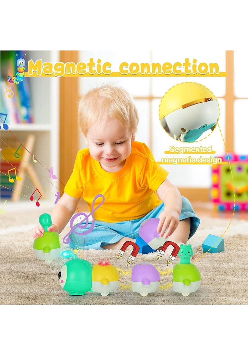 Crawling Caterpillar Tummy Time Toy with Magnetic Suction Music Light up, Sensory Learning Infant Toy for Girl Boy Gifts