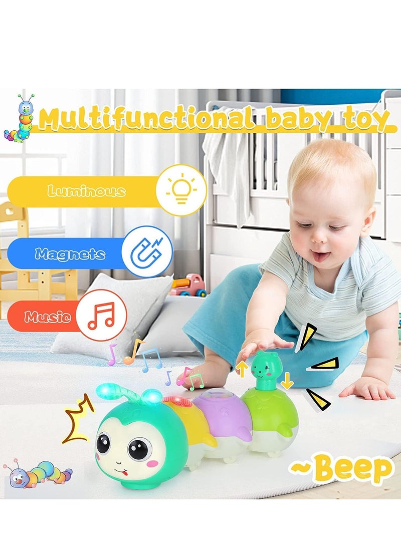 Crawling Caterpillar Tummy Time Toy with Magnetic Suction Music Light up, Sensory Learning Infant Toy for Girl Boy Gifts