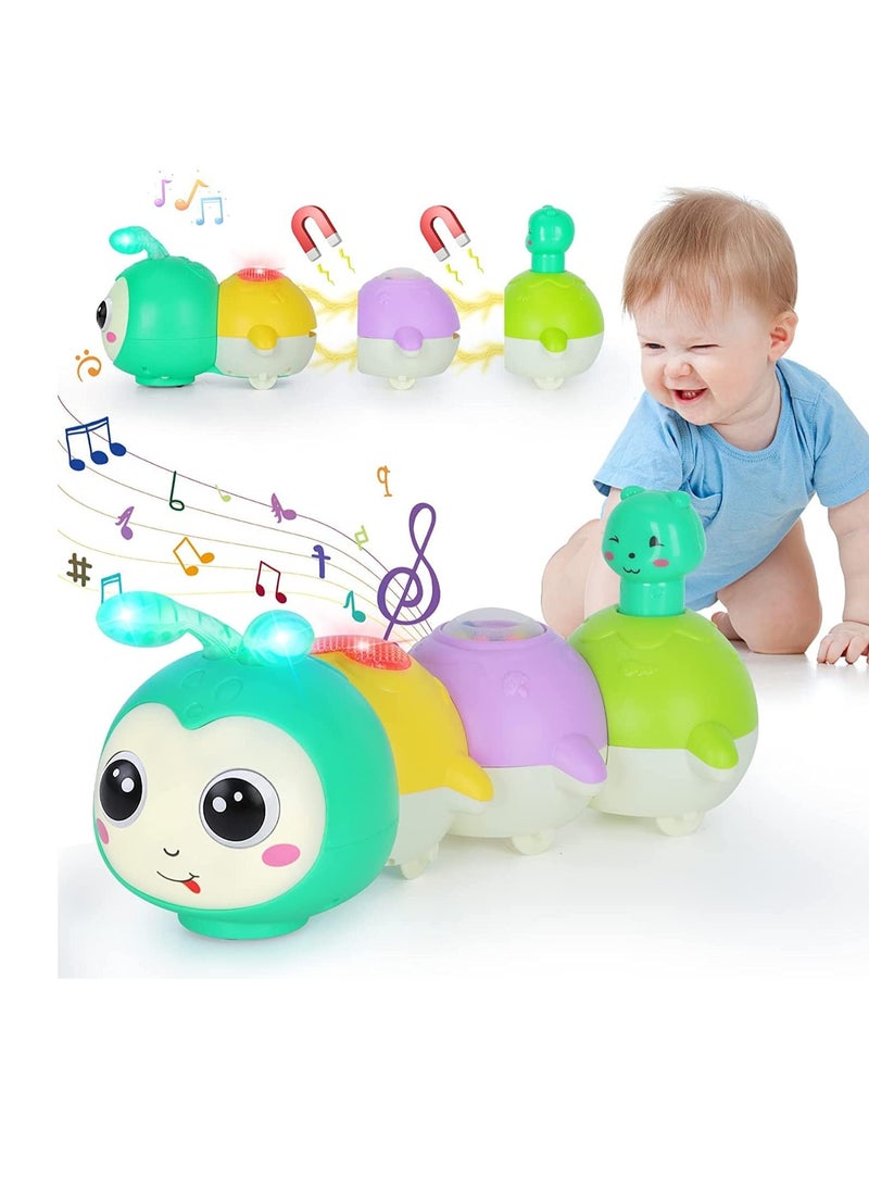 Crawling Caterpillar Tummy Time Toy with Magnetic Suction Music Light up, Sensory Learning Infant Toy for Girl Boy Gifts