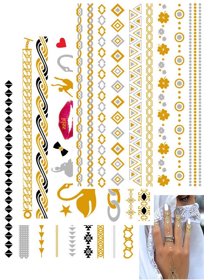 3 Sheets Metallic Gold Temporary Tattoos, Shimmer Waterproof Fake Tattoos Long Lasting Glitter Stickers