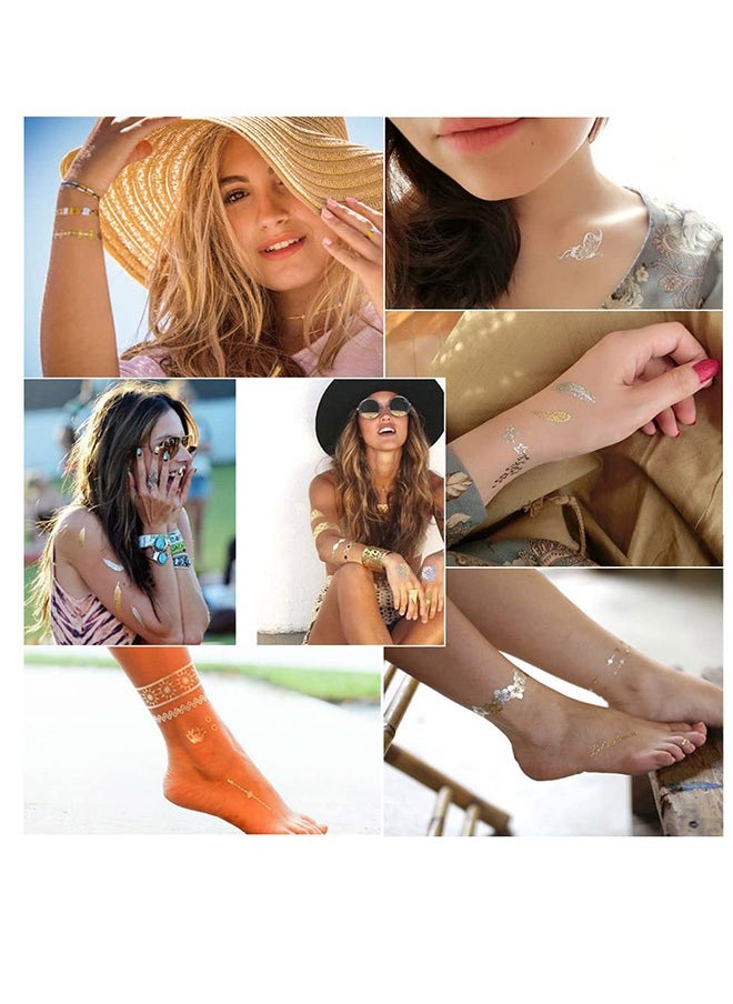 3 Sheets Metallic Gold Temporary Tattoos, Shimmer Waterproof Fake Tattoos Long Lasting Glitter Stickers