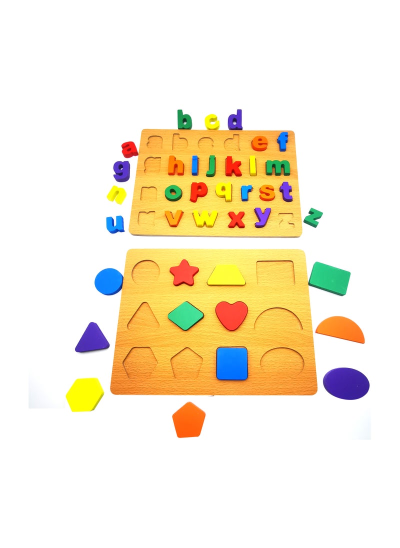 Educational Wooden small Alphabet & Shape Puzzle for Kids - Interactive Wooden Alphabet Puzzle with Shapes for Preschoolers , Geometric Shape Puzzle Preschool Learning Toys(In 1 pair)