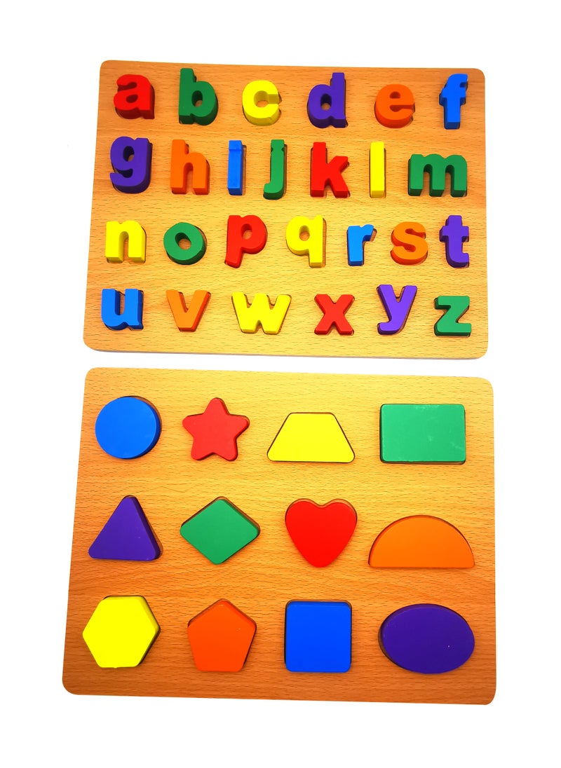 Educational Wooden small Alphabet & Shape Puzzle for Kids - Interactive Wooden Alphabet Puzzle with Shapes for Preschoolers , Geometric Shape Puzzle Preschool Learning Toys(In 1 pair)