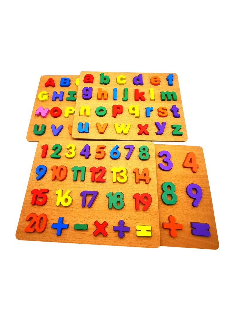 ABC and 123 Wooden  Puzzle Set of 4 – Uppercase, Lowercase Letters & Numbers for Toddlers | Montessori Educational Learning Toy