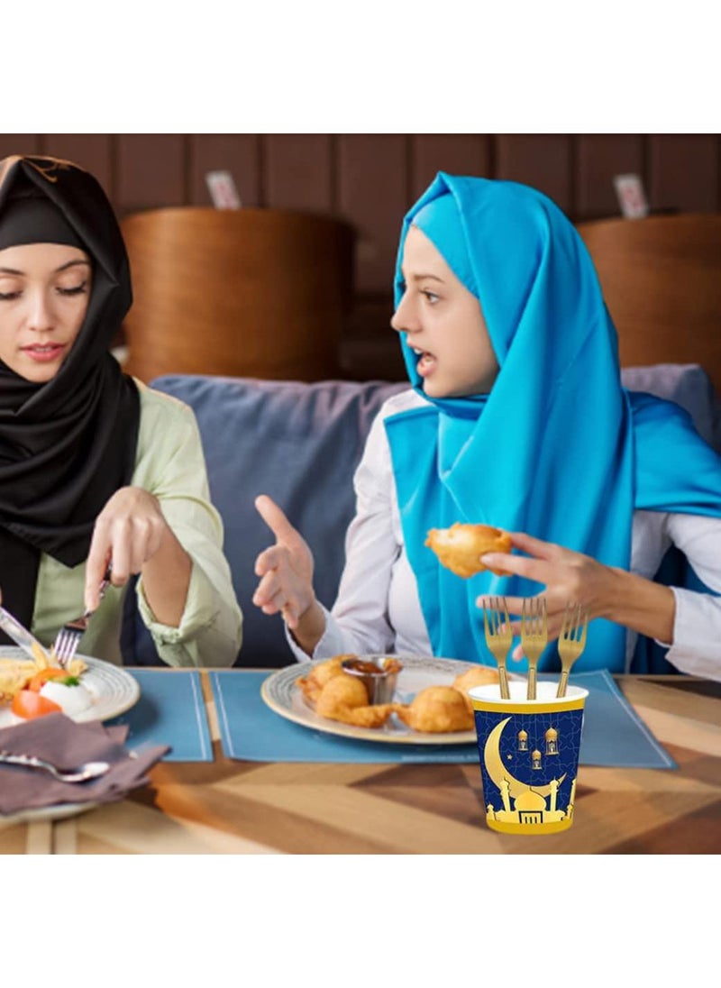 48 Pcs Eid Mubarak Tableware Set Ramadan Mubarak Party Dinnerware Set Include Paper Plates Napkins Cups Forks For Eid Mubarak Muslim Ramadan Party Supplies Blue