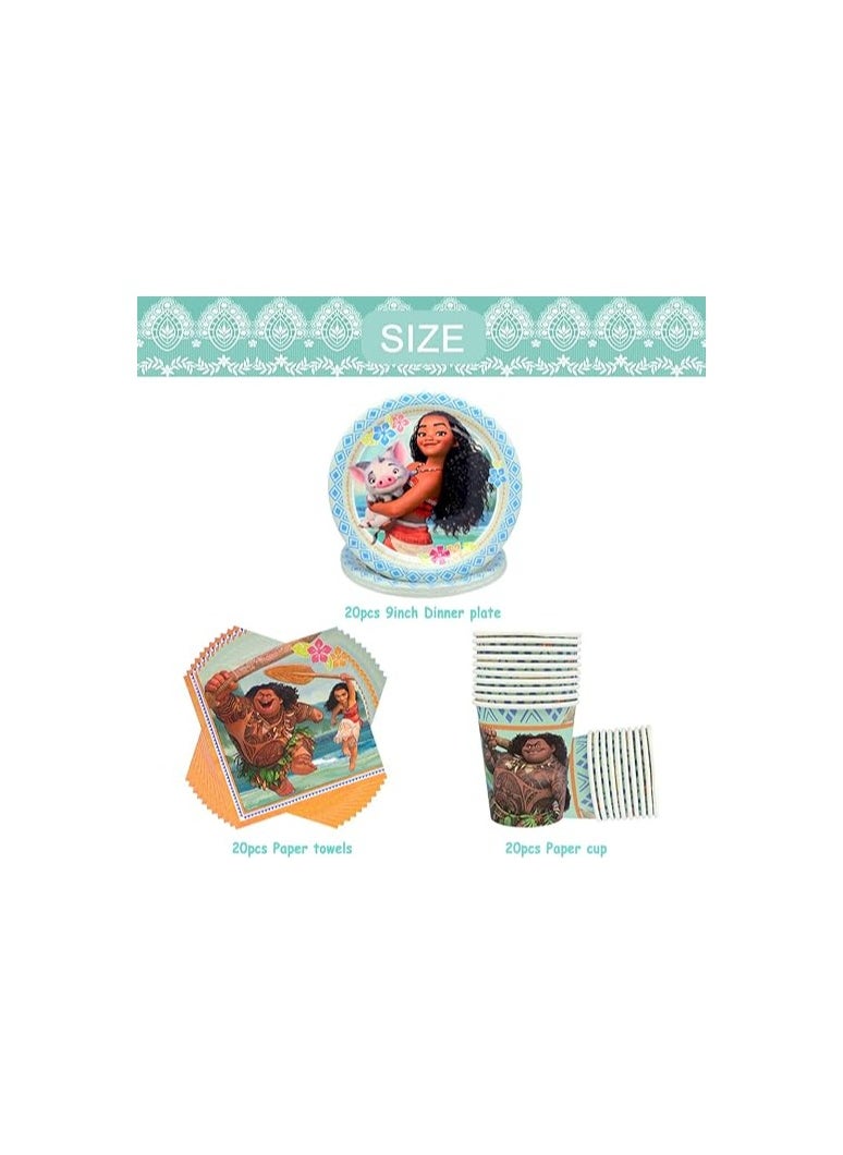 Moana Birthday Decoration, 60 Piece Party Tableware Set, Birthday Party Set, Birthday Plates, Cups, Napkins, Birthday for Children Party Birthday Decoration