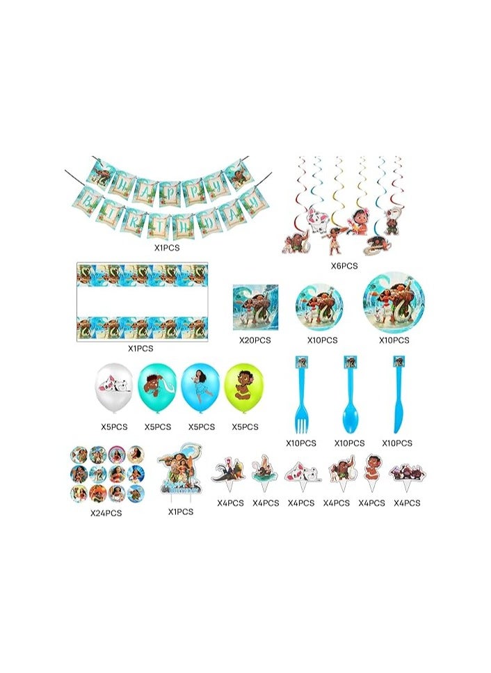 144Pcs Moana Birthday Party Supplies, Birthday Party Decorations for 20 Guests, Include Happy Birthday Banner, Hanging Swirls Decorations, Latex Balloons, Plates, Napkins, Stickers, Cake topper