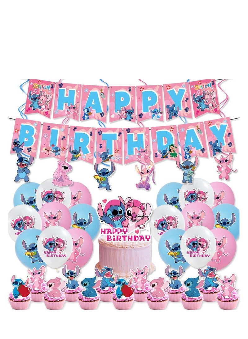 Lilo & Stitch Birthday & Party Decoration Set, 50 Pcs Stitch & Lilo Cartoon Party Favor for Kids , Included Banners, Cake Decoration, Balloons