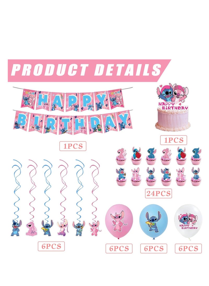 Lilo & Stitch Birthday & Party Decoration Set, 50 Pcs Stitch & Lilo Cartoon Party Favor for Kids , Included Banners, Cake Decoration, Balloons