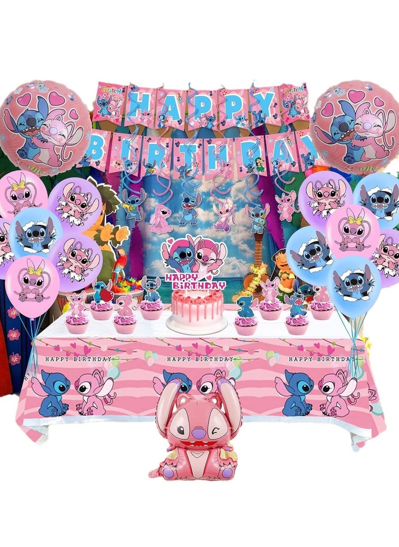 Lilo & Stitch Birthday & Party Decoration Set, 101 Pcs Stitch & Lilo Cartoon Party Favor for Kids , Included 50pcs Stitch Stickers, Banners, Cake Decoration, Balloons