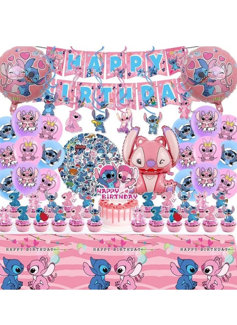 Lilo & Stitch Birthday & Party Decoration Set, 101 Pcs Stitch & Lilo Cartoon Party Favor for Kids , Included 50pcs Stitch Stickers, Banners, Cake Decoration, Balloons