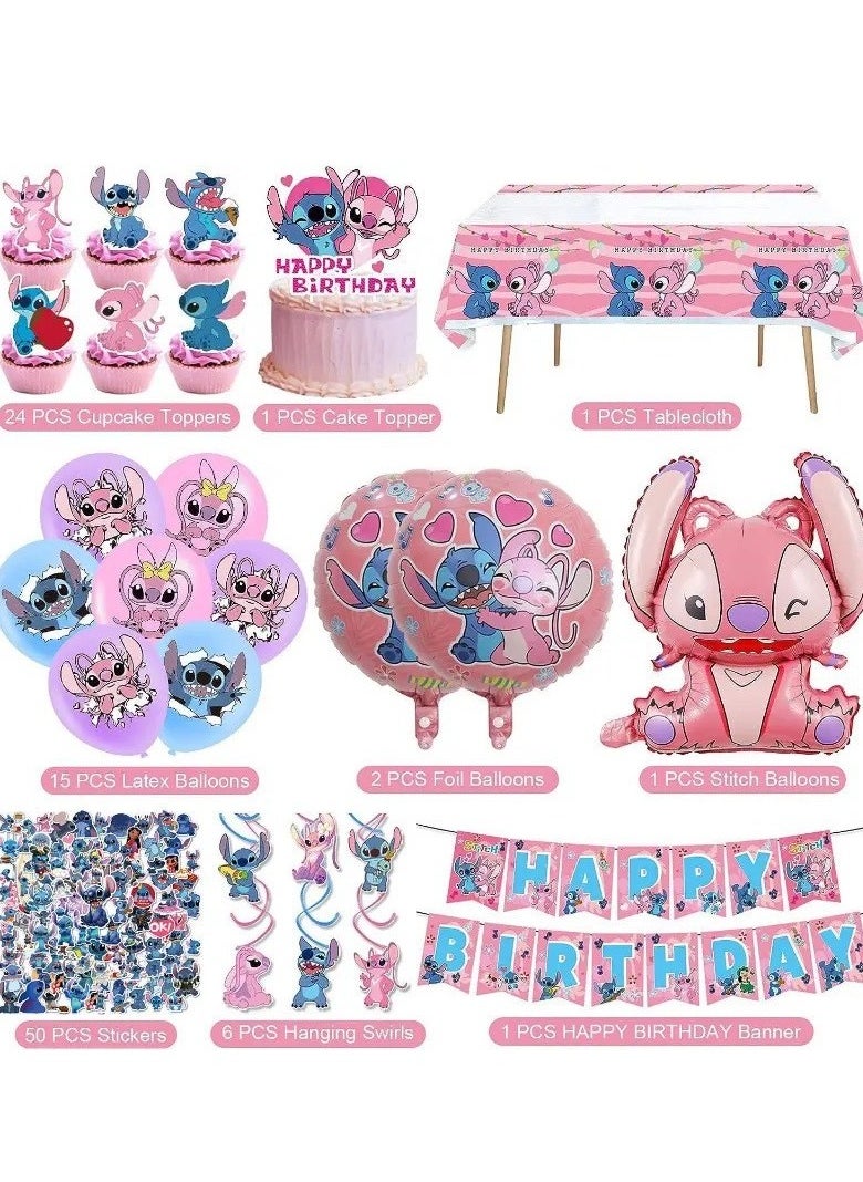 Lilo & Stitch Birthday & Party Decoration Set, 101 Pcs Stitch & Lilo Cartoon Party Favor for Kids , Included 50pcs Stitch Stickers, Banners, Cake Decoration, Balloons