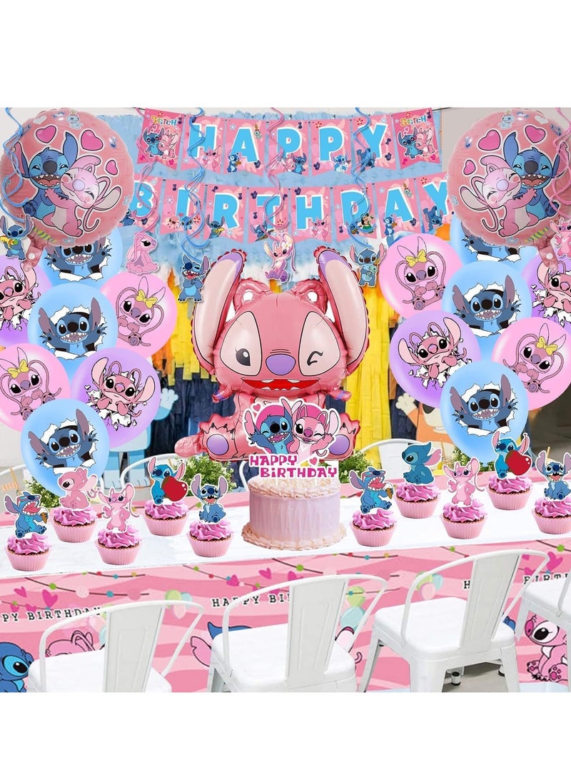 Lilo & Stitch Birthday & Party Decoration Set, 101 Pcs Stitch & Lilo Cartoon Party Favor for Kids , Included 50pcs Stitch Stickers, Banners, Cake Decoration, Balloons