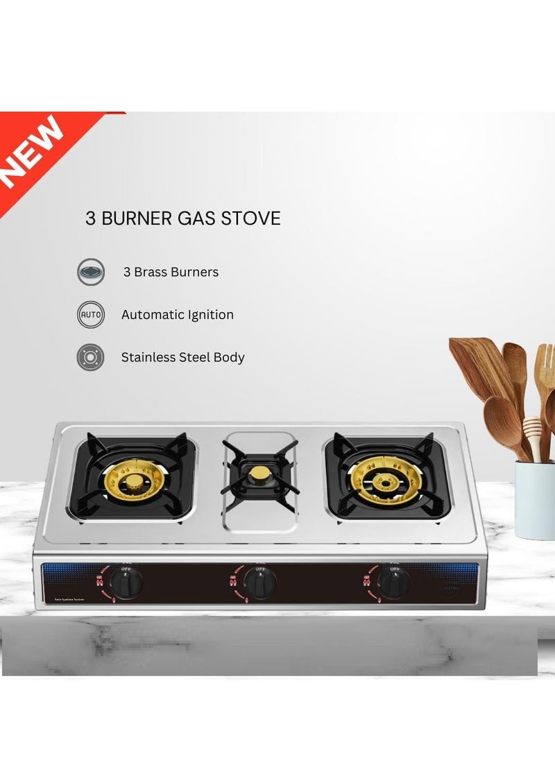 Stainless Steel Gas Burner With Auto Ignition 3 Burners Stove