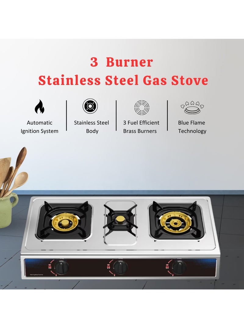 Stainless Steel Gas Burner With Auto Ignition 3 Burners Stove