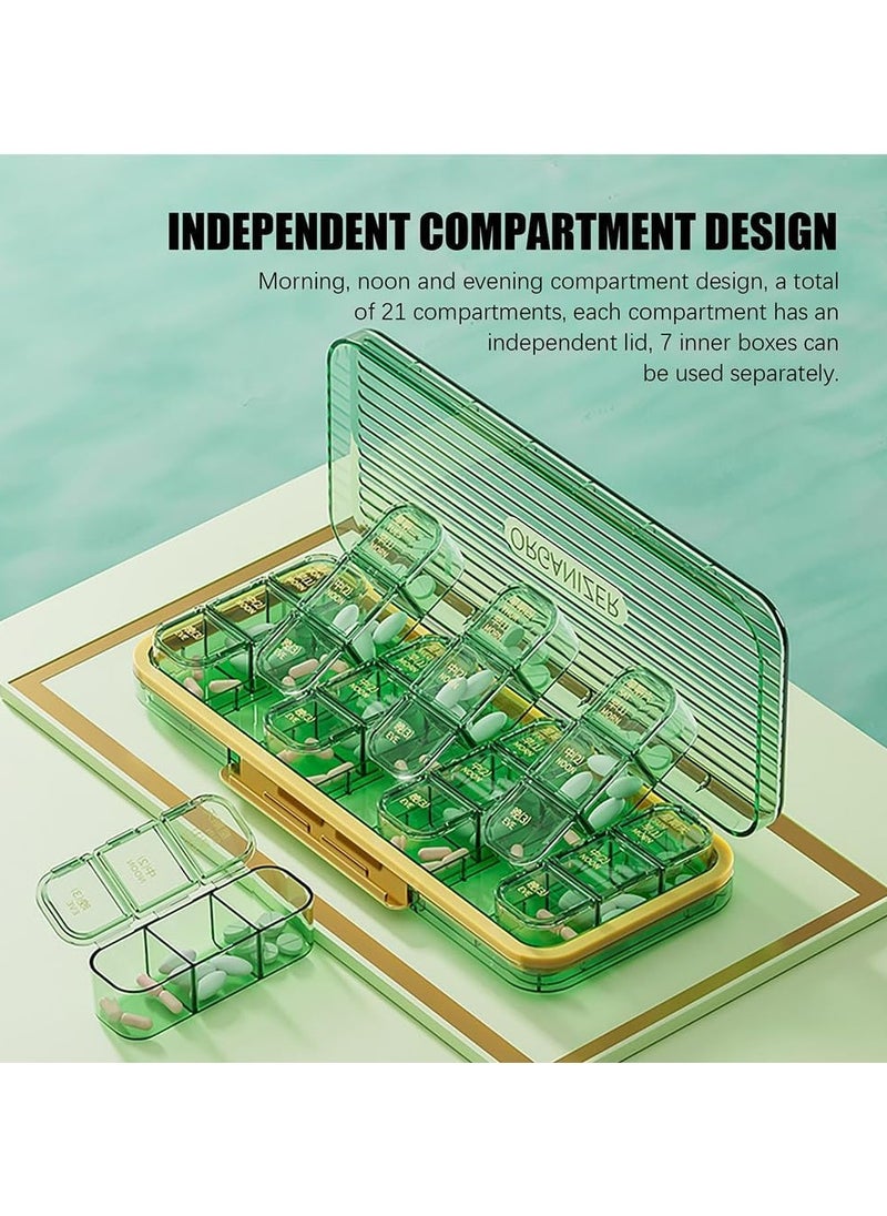 7-Day Pill Organizer, Portable Weekly Medicine Box with 21 Large Compartments (Green)