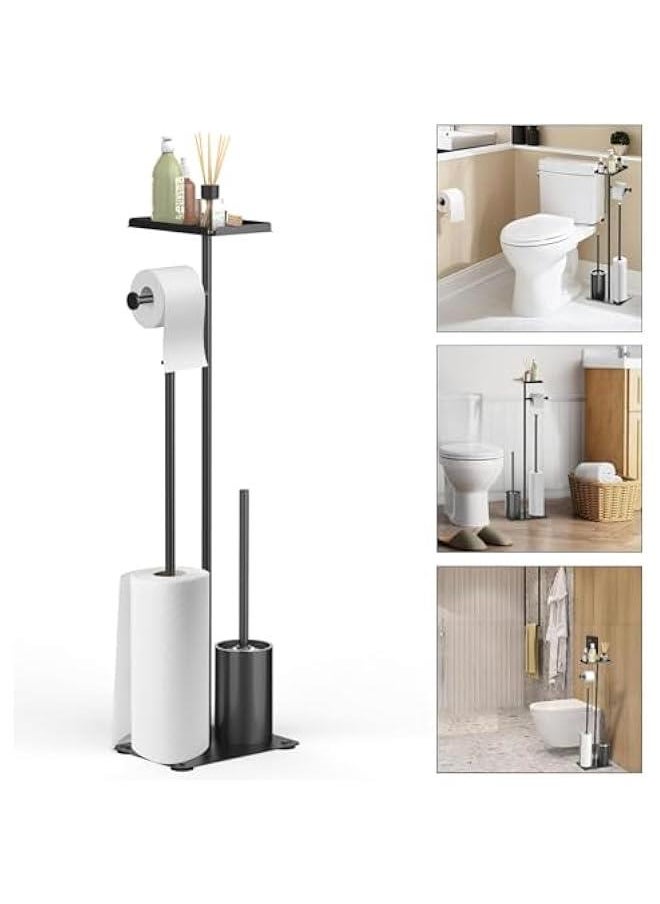 Toilet Paper Holder Stand, Bathroom Toilet Paper Roll Holder Stand, FreeStanding Toilet Paper Holder with Top Shelf Storage Reserve Tray, Bathroom Toilet Brushes & Weighted Base