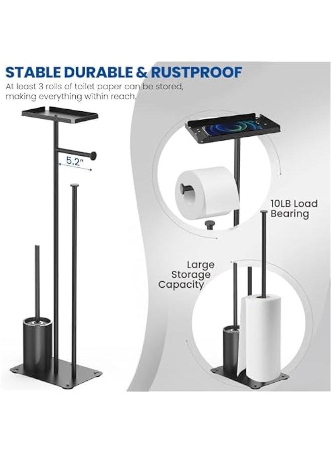 Toilet Paper Holder Stand, Bathroom Toilet Paper Roll Holder Stand, FreeStanding Toilet Paper Holder with Top Shelf Storage Reserve Tray, Bathroom Toilet Brushes & Weighted Base