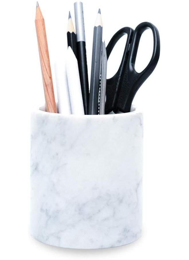 Natural Marble Pencil Pen Holder Stand for Desk, Makeup Brush Cup for Girls, Bathroom Tumbler Cup, Durable Office & Home Organizer Pencil Holder (White)