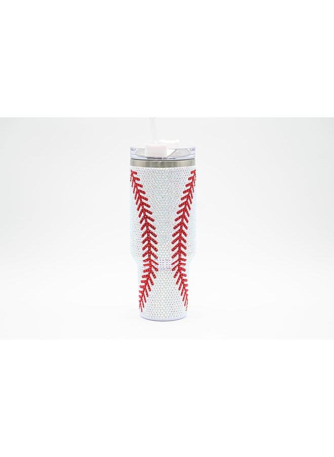 40 Oz Rhinestone Bling Tumbler Cup with Handle and Straw (BASEBALL), Stainless Steel and Double Wall Insulated