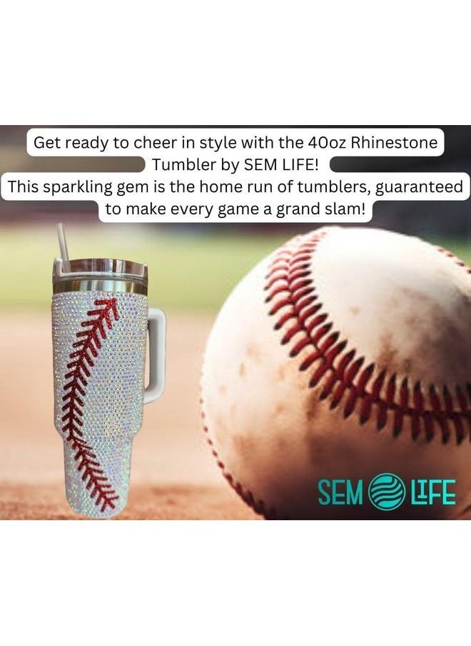 40 Oz Rhinestone Bling Tumbler Cup with Handle and Straw (BASEBALL), Stainless Steel and Double Wall Insulated