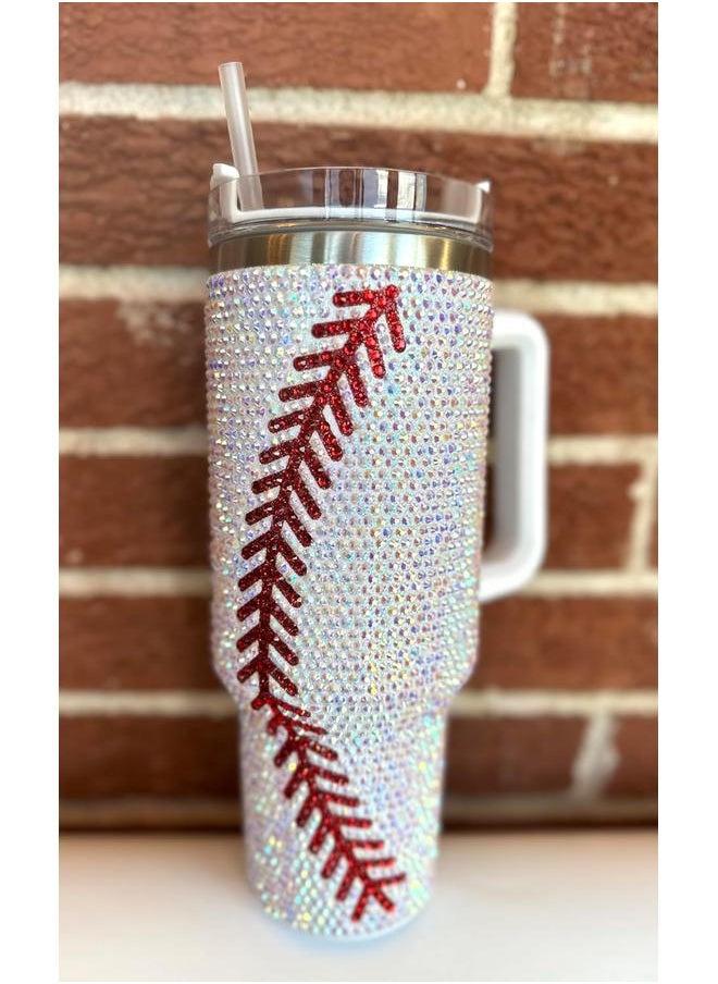 40 Oz Rhinestone Bling Tumbler Cup with Handle and Straw (BASEBALL), Stainless Steel and Double Wall Insulated