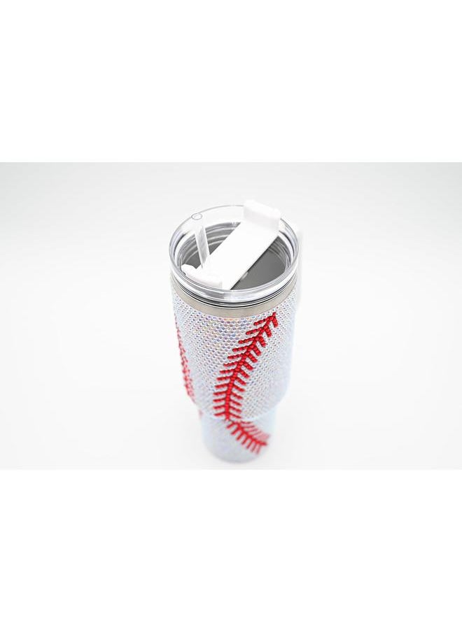 40 Oz Rhinestone Bling Tumbler Cup with Handle and Straw (BASEBALL), Stainless Steel and Double Wall Insulated