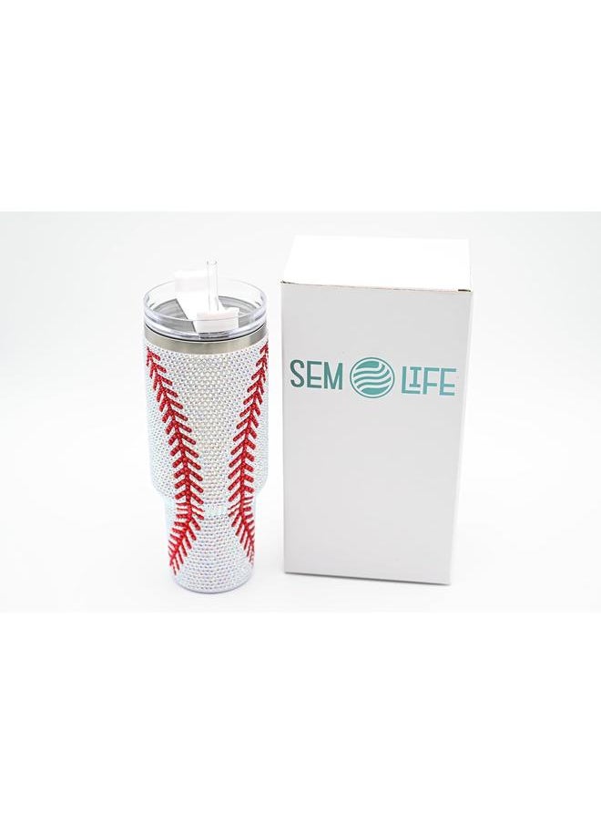 40 Oz Rhinestone Bling Tumbler Cup with Handle and Straw (BASEBALL), Stainless Steel and Double Wall Insulated