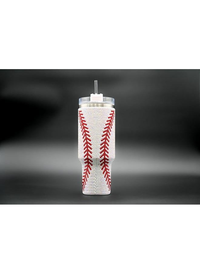 40 Oz Rhinestone Bling Tumbler Cup with Handle and Straw (BASEBALL), Stainless Steel and Double Wall Insulated